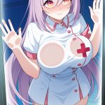 【エロ画像】マゼンタロングスレンダーナース×ガラスおっぱい押し付け_AI_アニメエロ画像