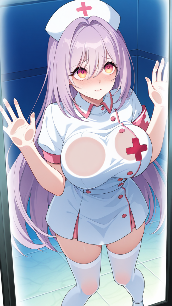 マゼンタロングスレンダーナース ガラスおっぱい押し付け_アニメエロ画像 AI エロ画像
