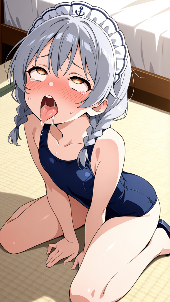 グレー髪ツインおさげ長身貧乳 アヘ顔・イキ顔_アニメエロ画像 AI エロ画像