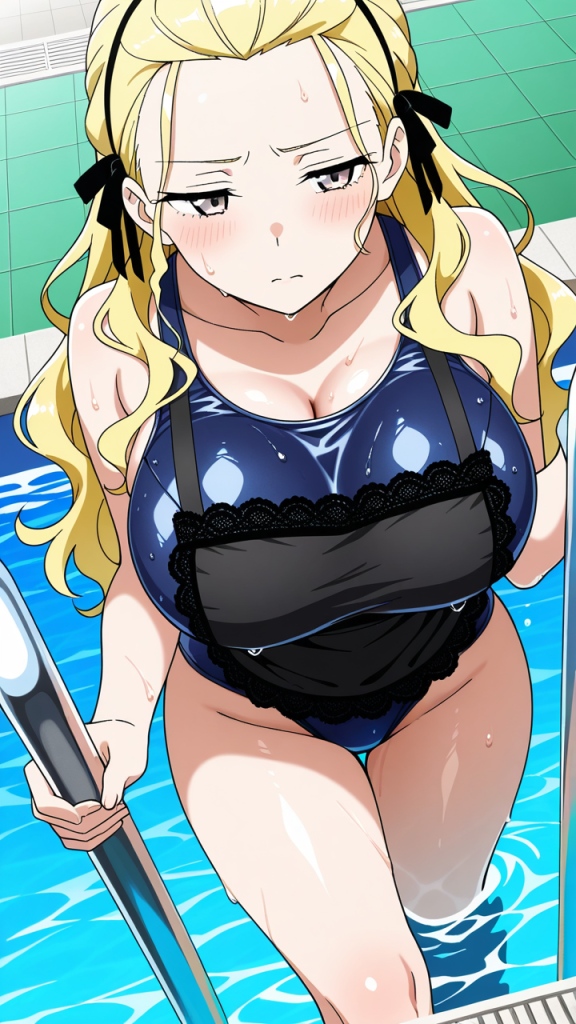 金髪ウェーブ巨乳スレンダー スクール水着_アニメエロ画像 AI エロ画像