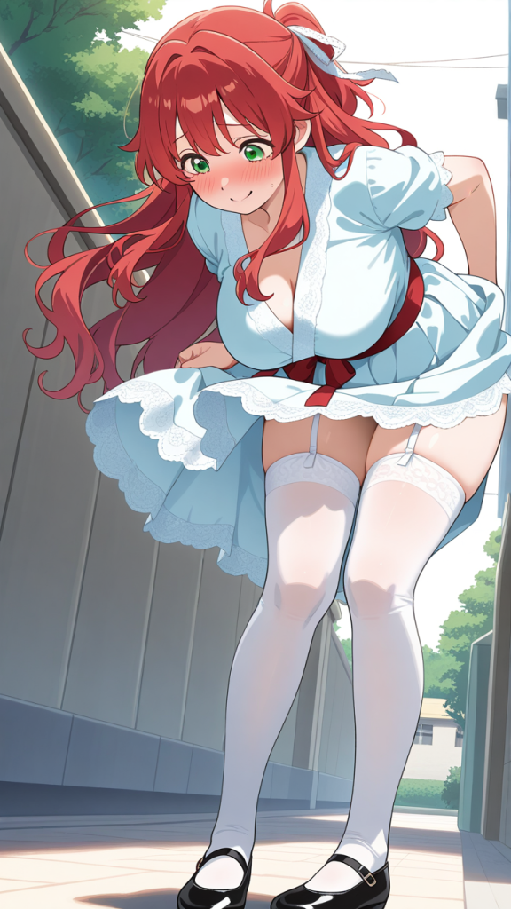 赤髪ハーフアップ巨乳 野外露出_アニメエロ画像 AI エロ画像