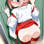 【エロ画像】オレンジ色三つ編み巫女服×ガラスお尻押し付け_AI_アニメエロ画像