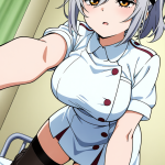 【エロ画像】グレーポニーテール巨乳むっちり×ナース服_AI_アニメエロ画像