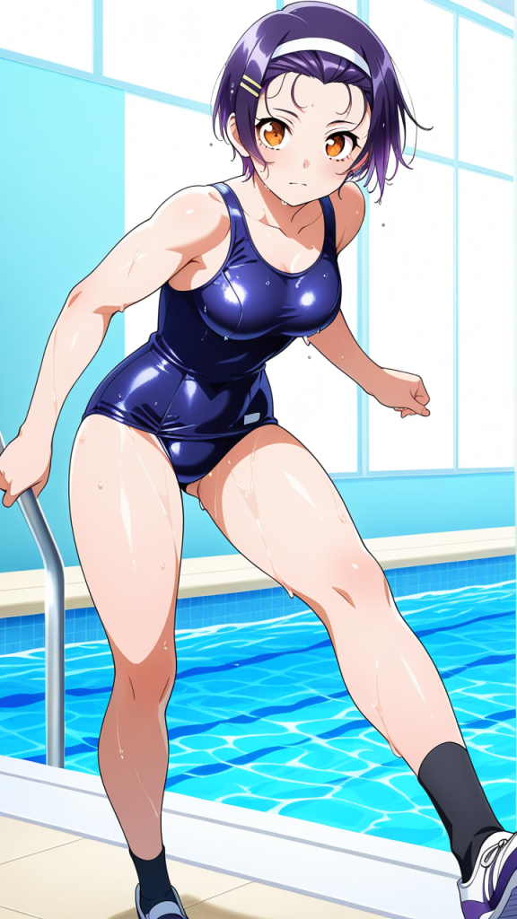 紫髪ショート筋肉質 スクール水着_アニメエロ画像 AI エロ画像