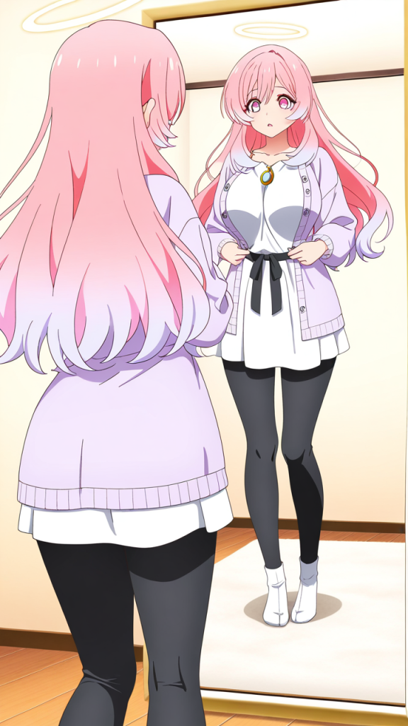 桜色セミロング巨乳スレンダー 鏡越し_アニメエロ画像 AI エロ画像