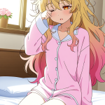 【エロ画像】ピンク髪セミロングむっちり×寝起き・パジャマ_AI_アニメエロ画像