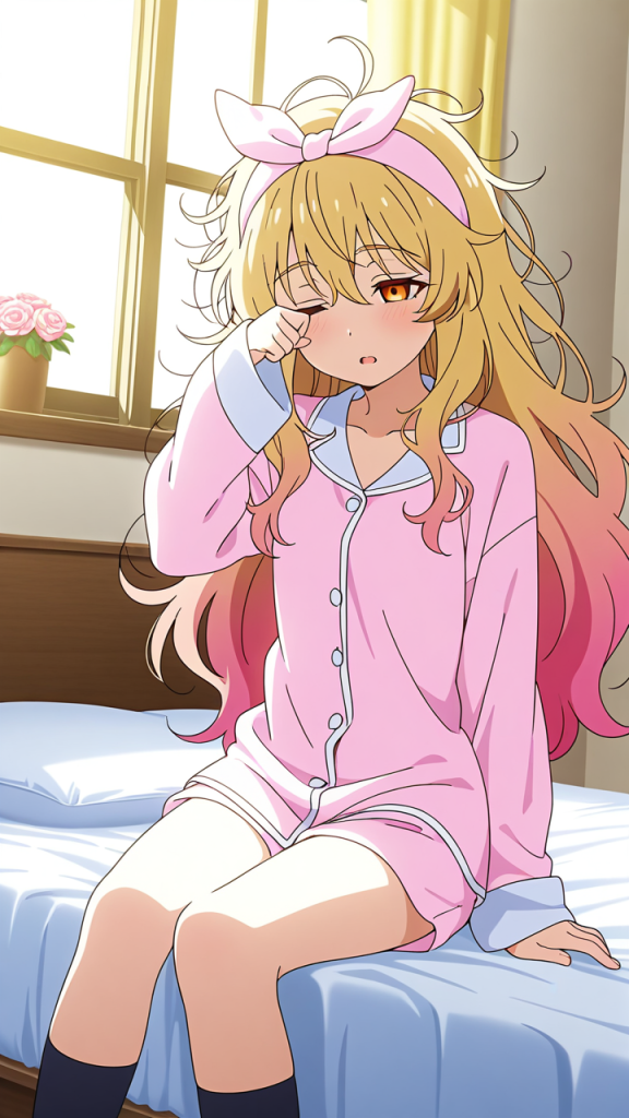 ピンク髪セミロングむっちり 寝起き・パジャマ_アニメエロ画像 AI エロ画像