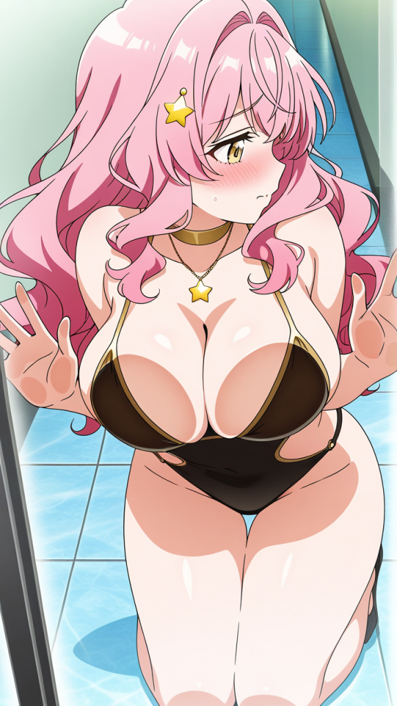 ピンクグラデーションロング巨乳 ガラスおっぱい押し付け_アニメエロ画像 AI エロ画像