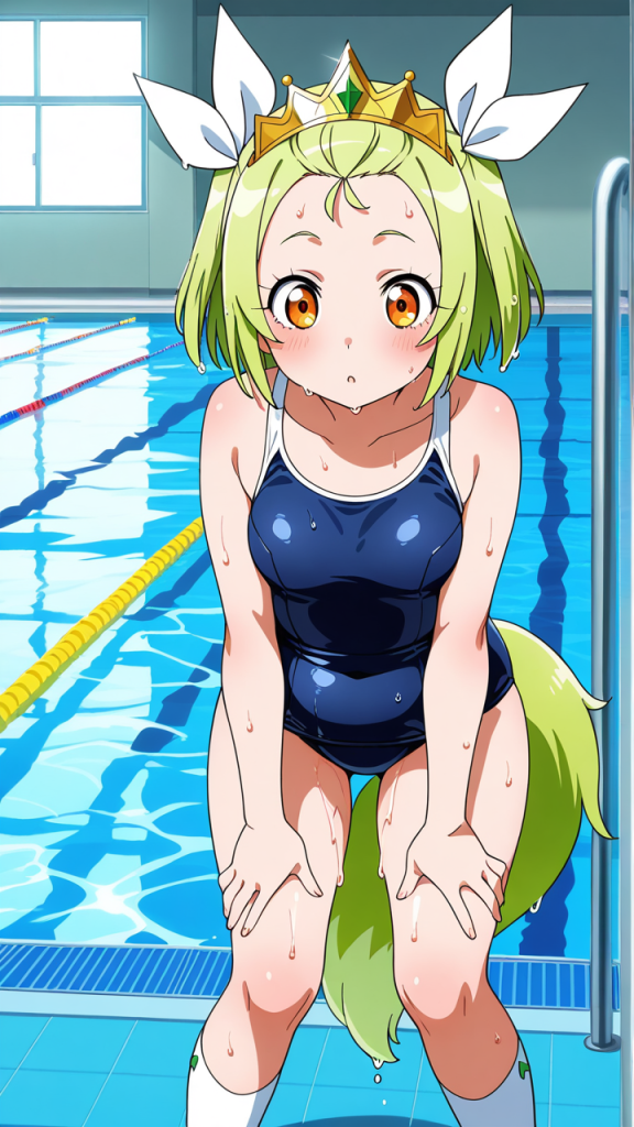ライム色サイドテールむっちり スクール水着_アニメエロ画像 AI エロ画像