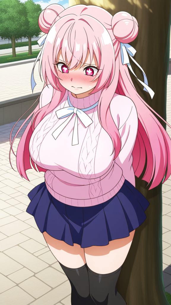 桜色お団子むっちり 野外露出_アニメエロ画像 AI エロ画像