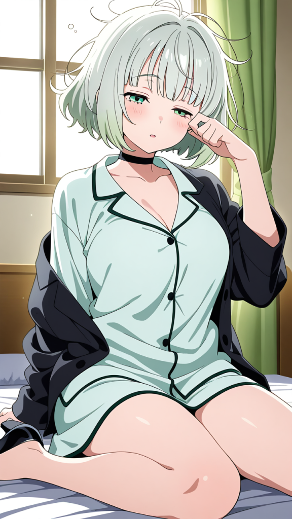 白髪ボブカール丸顔むっちり 寝起き・パジャマ_アニメエロ画像 AI エロ画像
