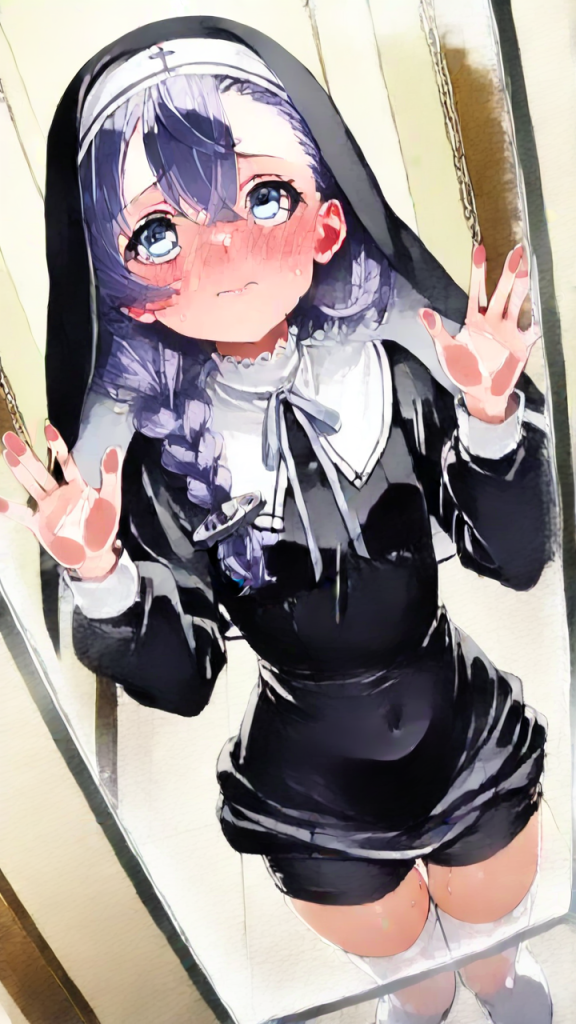 黒紫グラデ三つ編み貧乳 ガラスお尻押し付け_アニメエロ画像 AI エロ画像