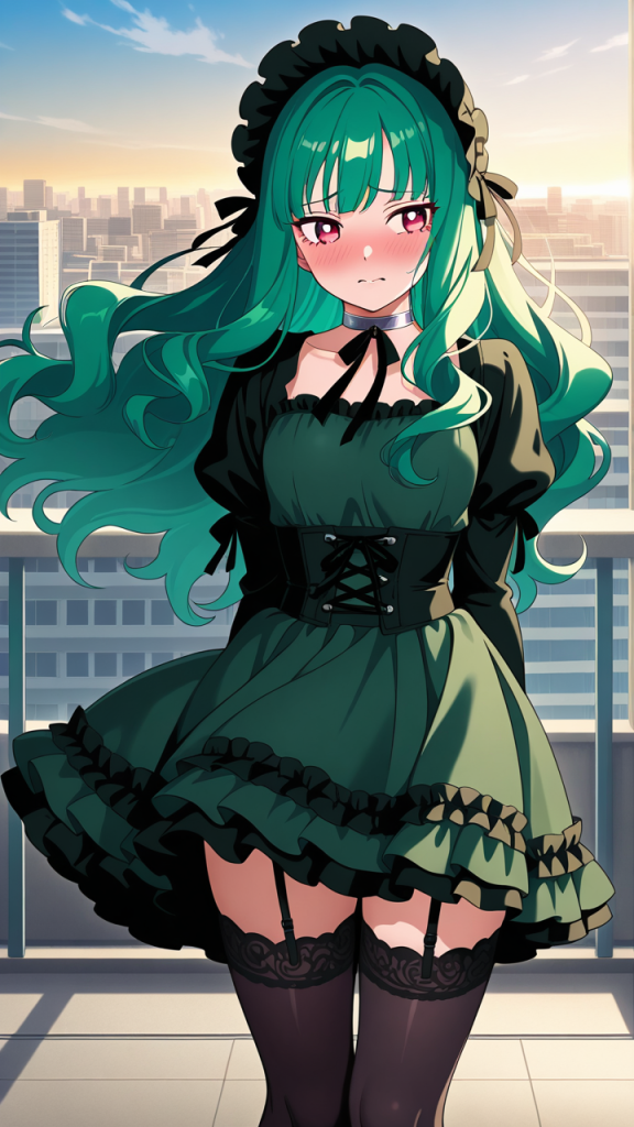 深緑ウェーブロング筋肉質 野外露出_アニメエロ画像 AI エロ画像