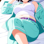 【エロ画像】紫髪ショートむっちり眼鏡×寝起き・パジャマ_AI_アニメエロ画像