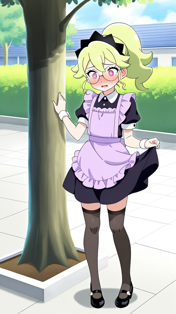 ライム色ポニテ貧乳メイド 野外露出_アニメエロ画像 AI エロ画像