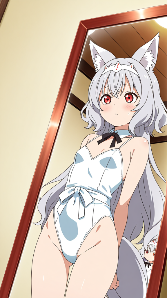 グレーショートウェーブスレンダ 鏡越し_アニメエロ画像 AI エロ画像