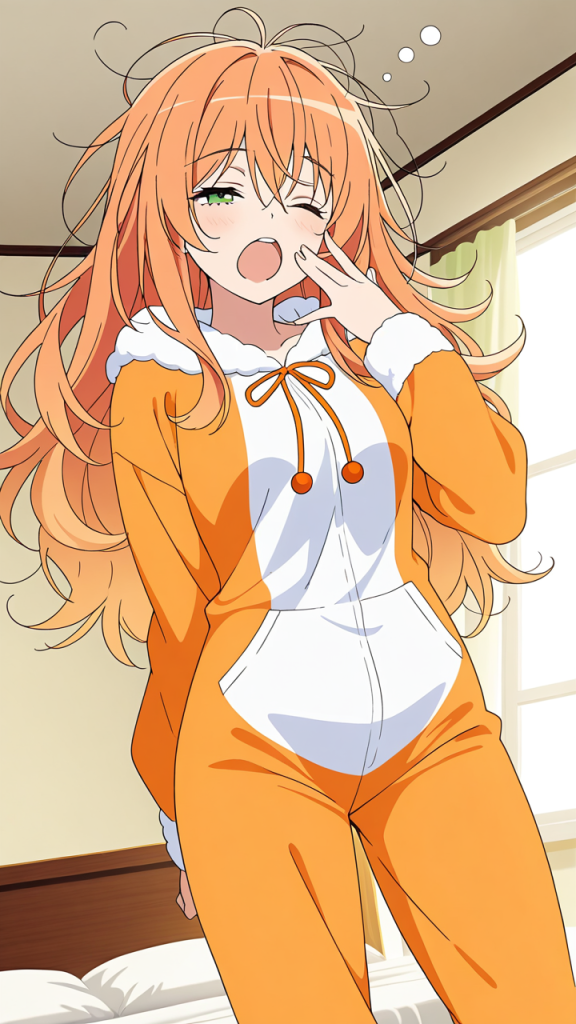 オレンジサイドテール筋肉質 寝起き・パジャマ_アニメエロ画像 AI エロ画像