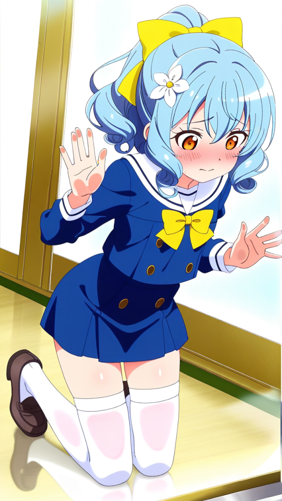 青髪ポニーテール長身貧乳 ガラスおっぱい押し付け_アニメエロ画像 AI エロ画像
