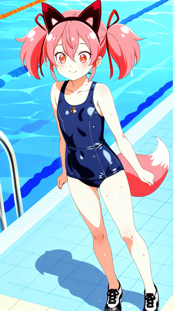 マゼンタツインテール貧乳小柄 スクール水着_アニメエロ画像 AI エロ画像