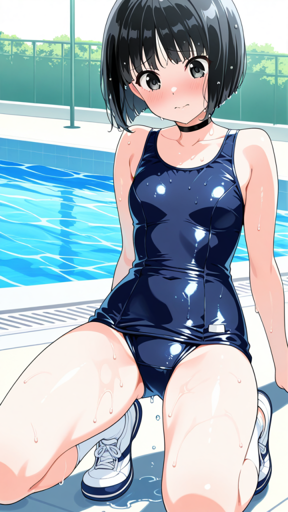 黒髪ボブウェーブぽっちゃり スクール水着_アニメエロ画像 AI エロ画像