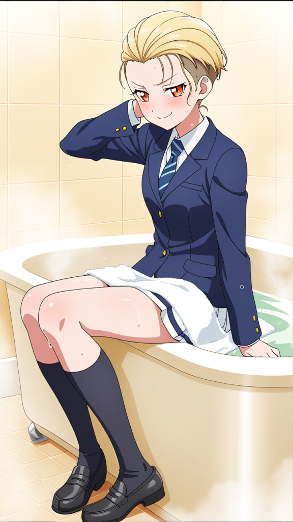 金髪刈り上げショート細身 お風呂・入浴_アニメエロ画像 AI エロ画像