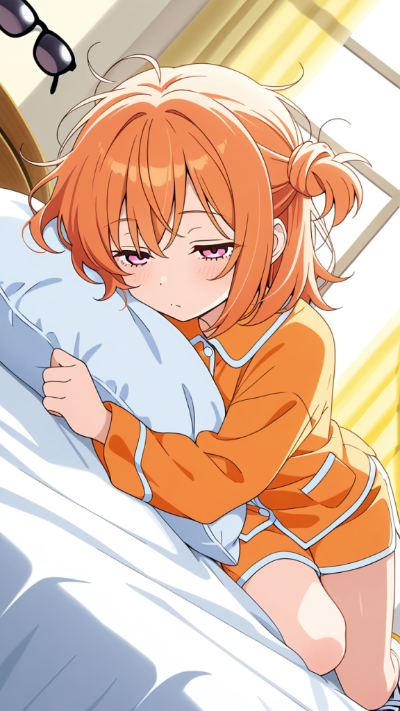 オレンジお団子ヘアロリ体型 寝起き・パジャマ_アニメエロ画像 AI エロ画像