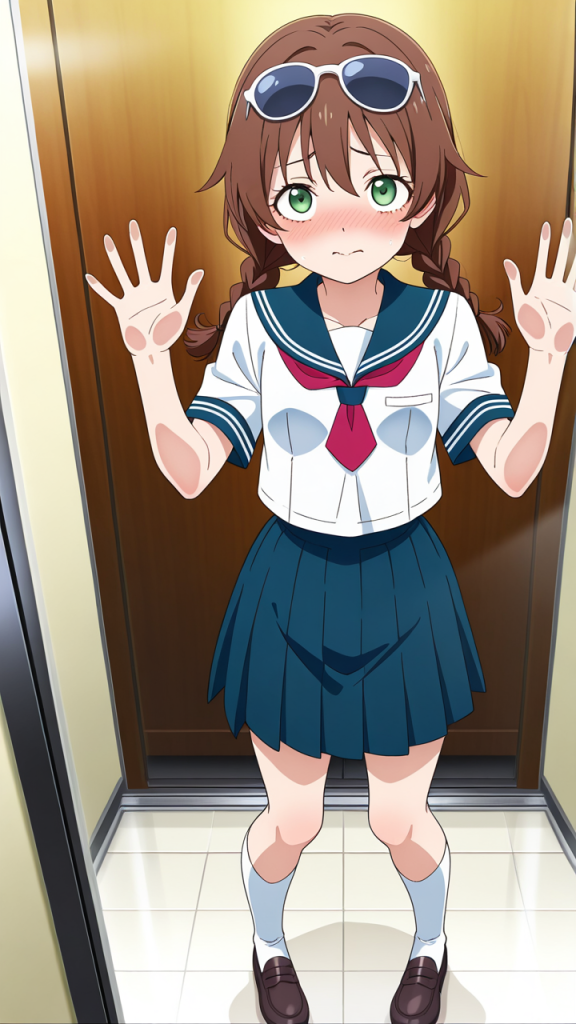 茶髪三つ編み貧乳長身 ガラスおっぱい押し付け_アニメエロ画像 AI エロ画像