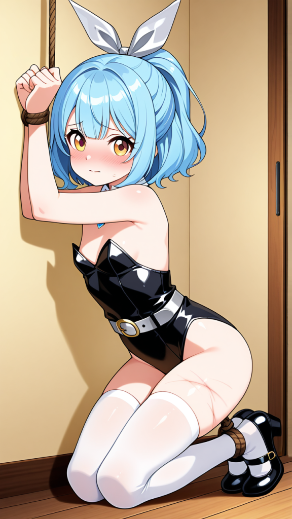 水色ポニーテールロリ体型 縛り・拘束_アニメエロ画像 AI エロ画像