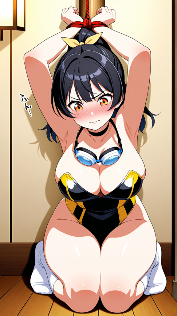 黒髪ポニーテール巨乳 手縛り・拘束_アニメエロ画像 AI エロ画像