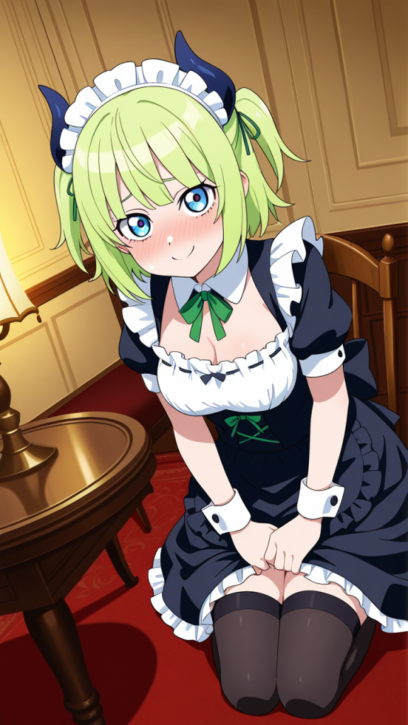 ライム色刈り上げショート丸顔 メイド服_アニメエロ画像 AI エロ画像