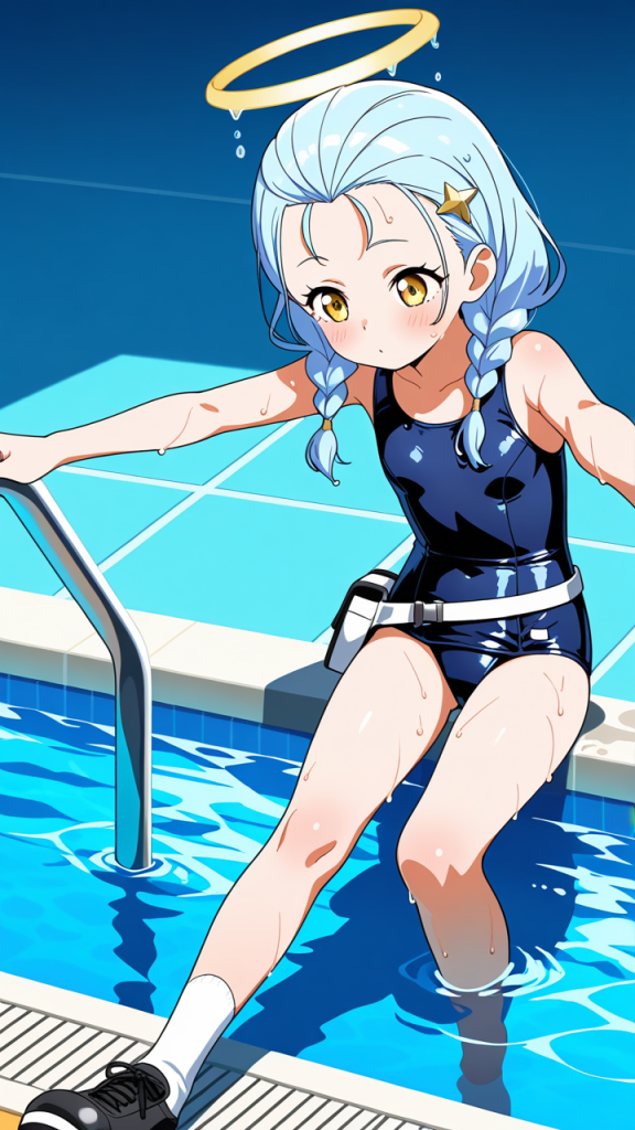 水色編み込みツインテールロリ スクール水着_アニメエロ画像 AI エロ画像