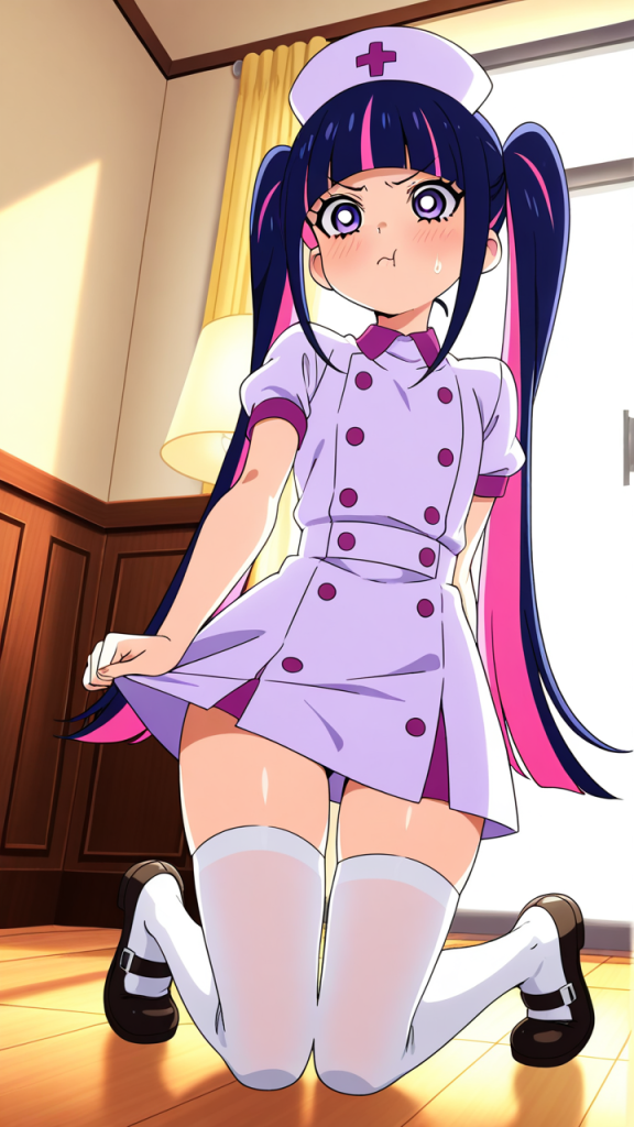 黒青グラデーションツインテール ニーソ・絶対領域_アニメエロ画像 AI エロ画像