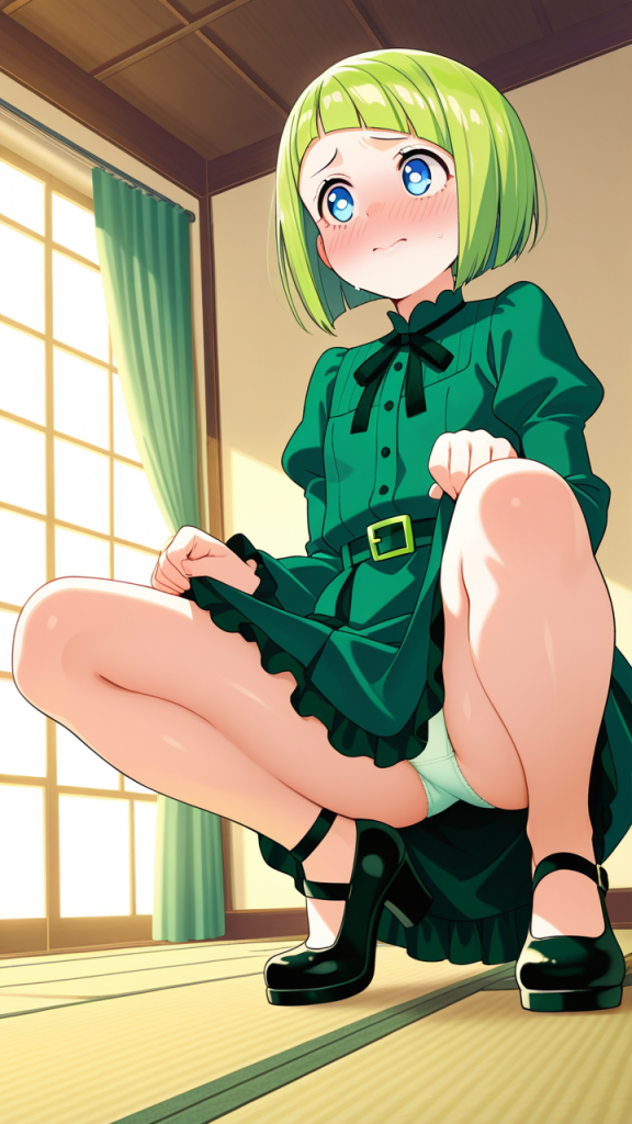 ライム色ボブ貧乳小柄 くぱぁ・大開脚_アニメエロ画像 AI エロ画像