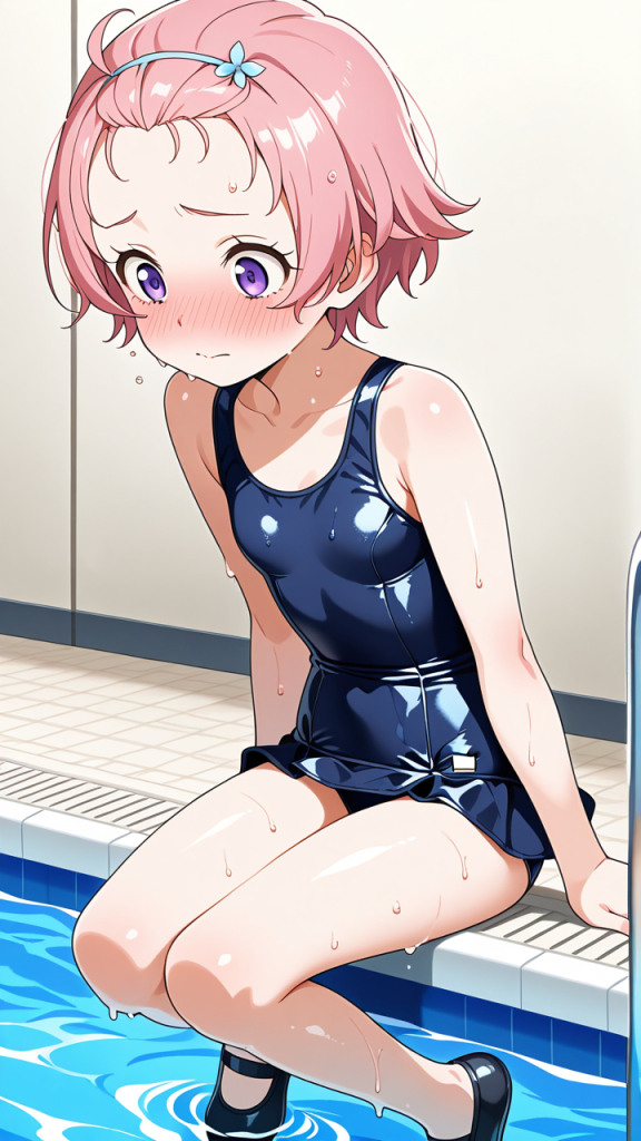 桜色ショート貧乳ロリ スクール水着_アニメエロ画像 AI エロ画像