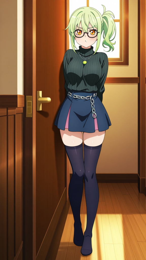 ライム色ポニーテール背高スレン ニーソ・絶対領域_アニメエロ画像 AI エロ画像
