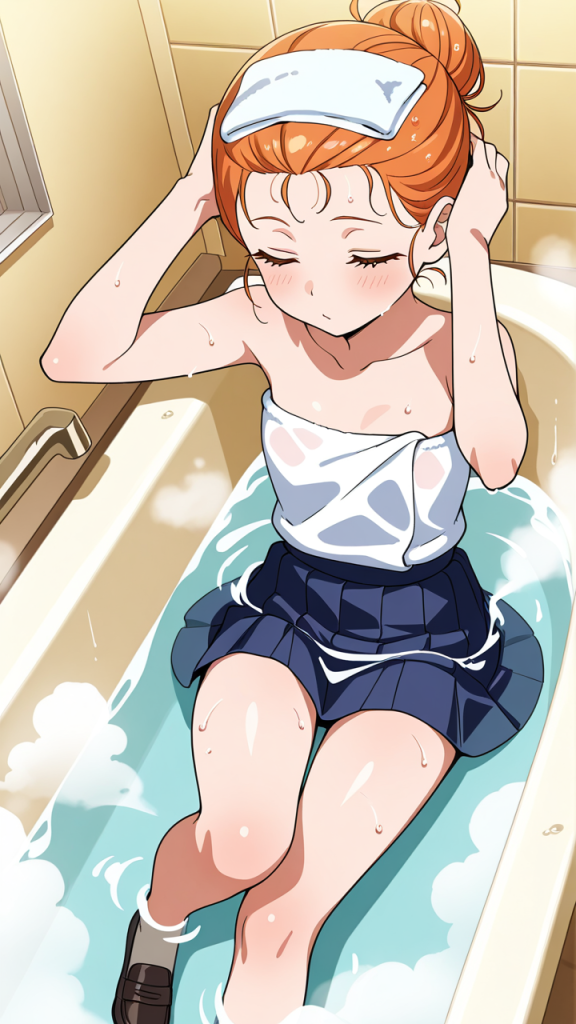 オレンジ団子小柄貧乳制服 お風呂・入浴_アニメエロ画像 AI エロ画像