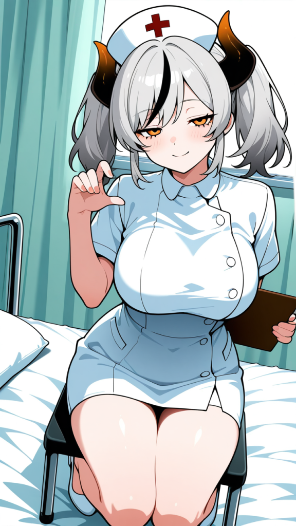 グレーツインテール巨乳むっちり ナース服_アニメエロ画像 AI エロ画像