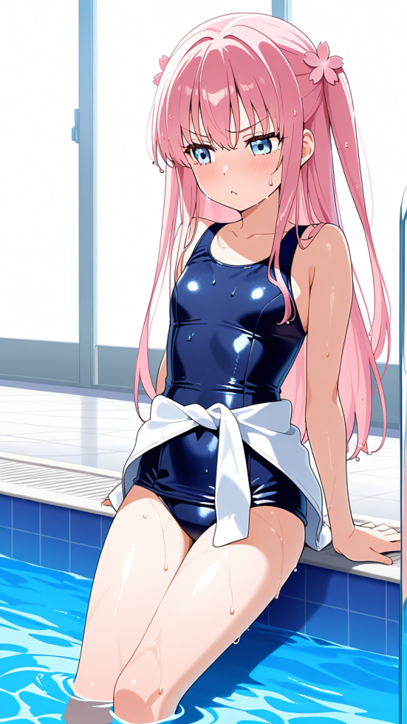 桜色ロング貧乳小柄 スクール水着_アニメエロ画像 AI エロ画像