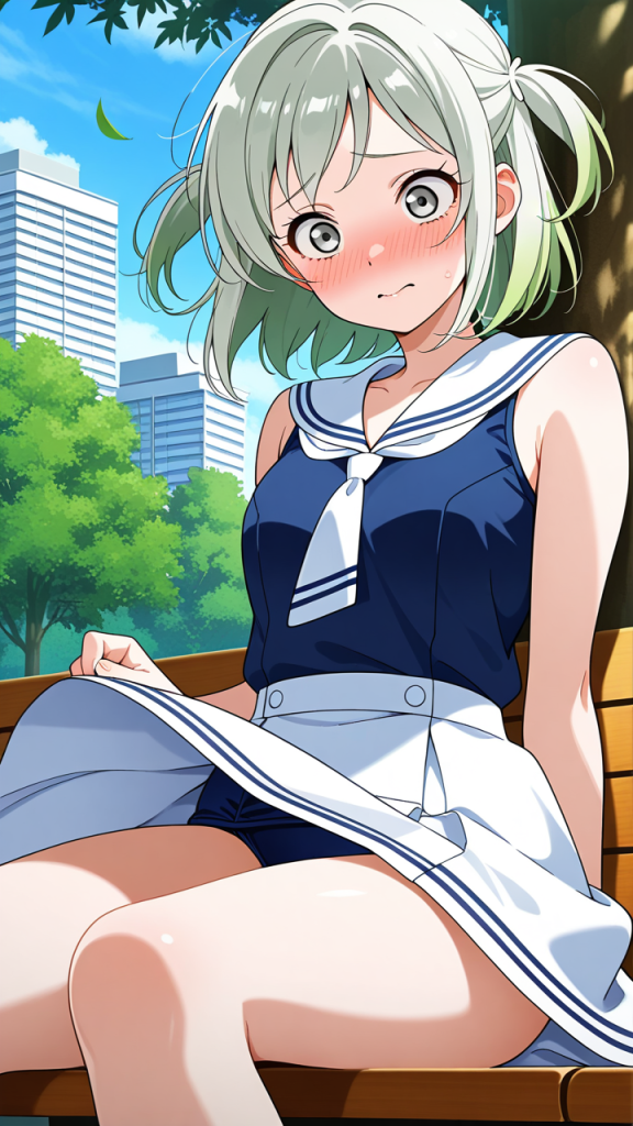 緑髪くせ毛ショート巨乳 野外露出_アニメエロ画像 AI エロ画像