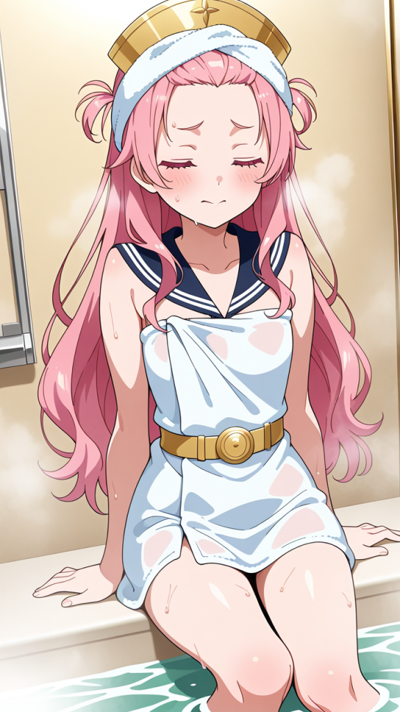 ピンク髪ウェーブロング小柄むっ お風呂・入浴_アニメエロ画像 AI エロ画像