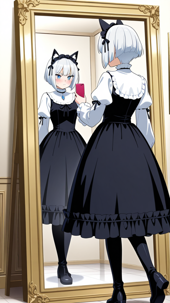 白髪ショート巨乳ゴスロリ 鏡越し_アニメエロ画像 AI エロ画像