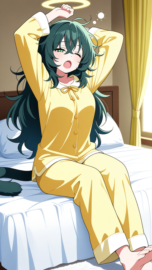 深緑サイドテール巨乳 寝起き・パジャマ_アニメエロ画像 AI エロ画像