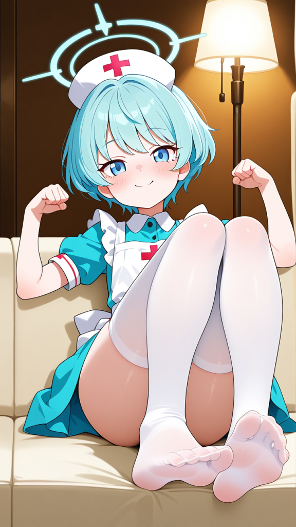 水色髪刈り上げショートロリ 足コキ_アニメエロ画像 AI エロ画像