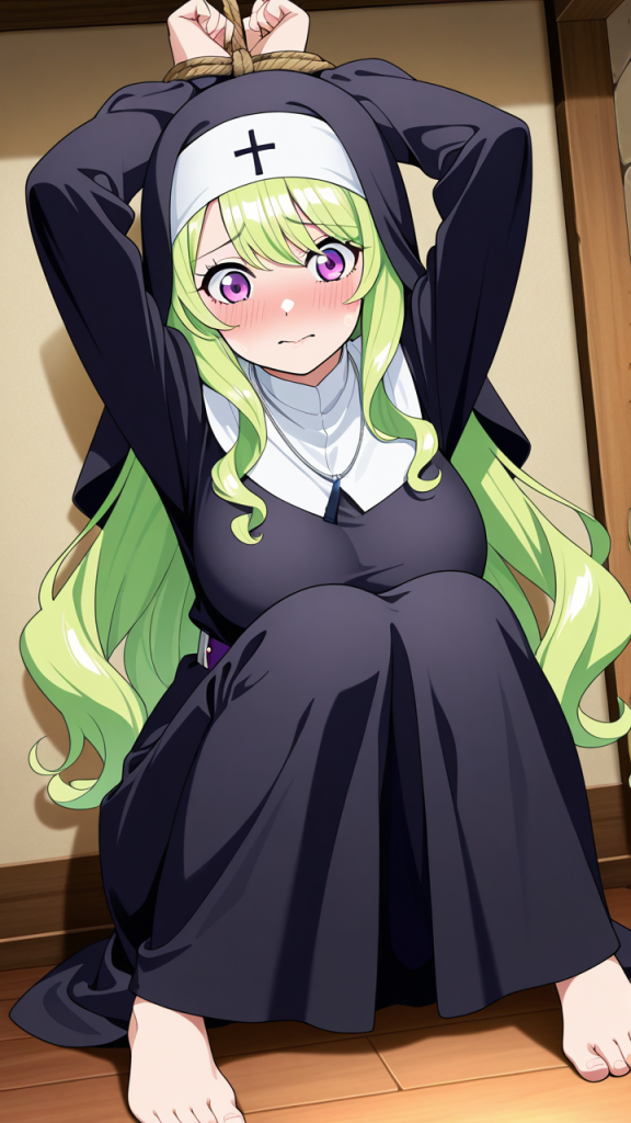 緑髪ウェーブロング巨乳 縛り・拘束_アニメエロ画像 AI エロ画像