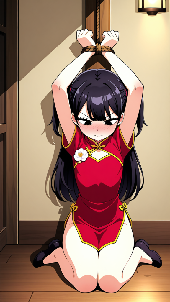 紫髪ウェーブロング貧乳長身 手縛り・拘束_アニメエロ画像 AI エロ画像