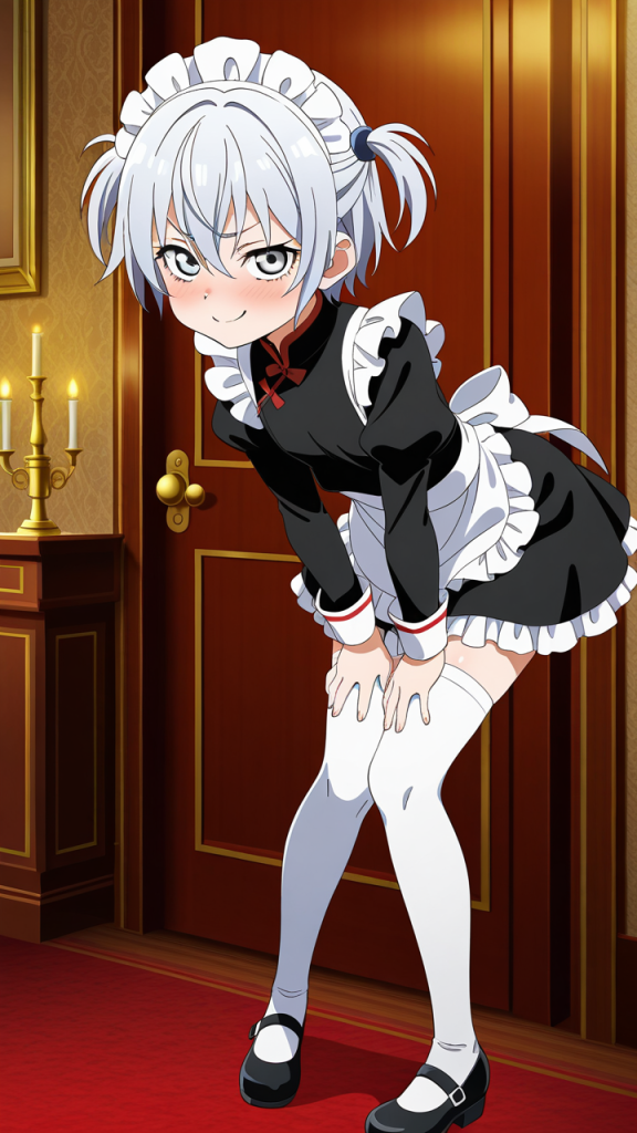 白髪刈り上げショートロリ メイド服_アニメエロ画像 AI エロ画像