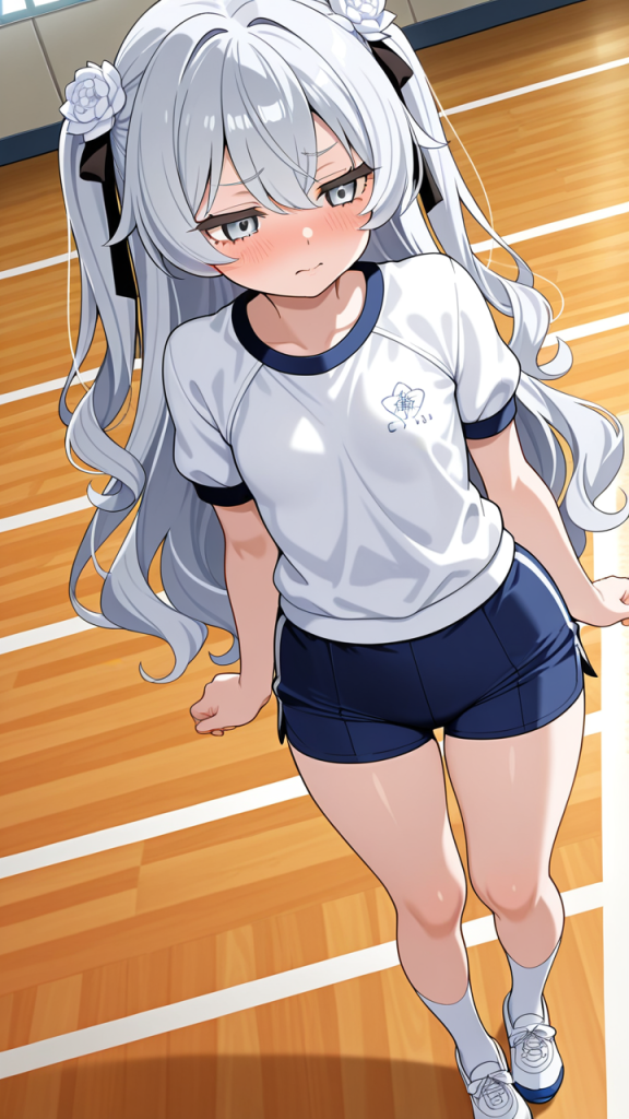 白髪ウェーブロング小柄むっちり 体操服・ブルマ_アニメエロ画像 AI エロ画像