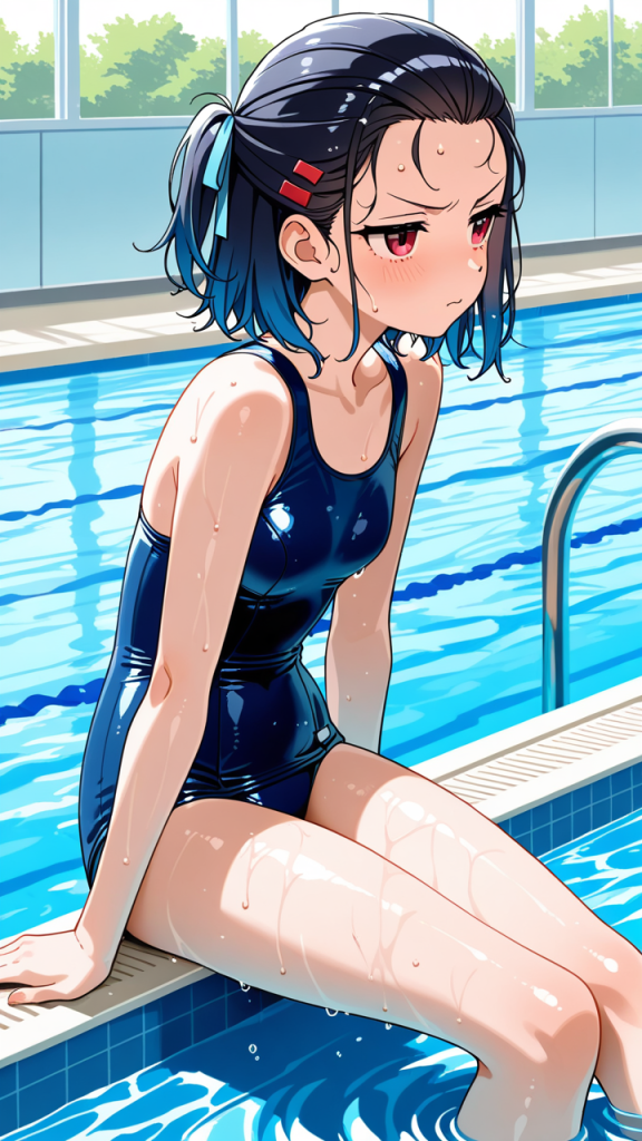 青グラデーション黒髪細身ナース スクール水着_アニメエロ画像 AI エロ画像