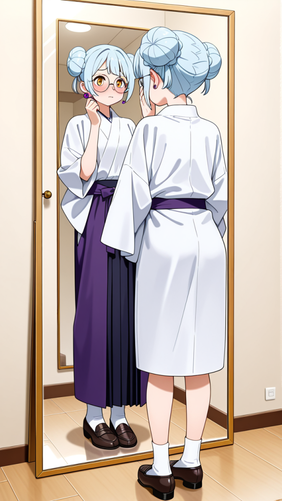 水色お団子髪スレンダー 鏡越し_アニメエロ画像 AI エロ画像