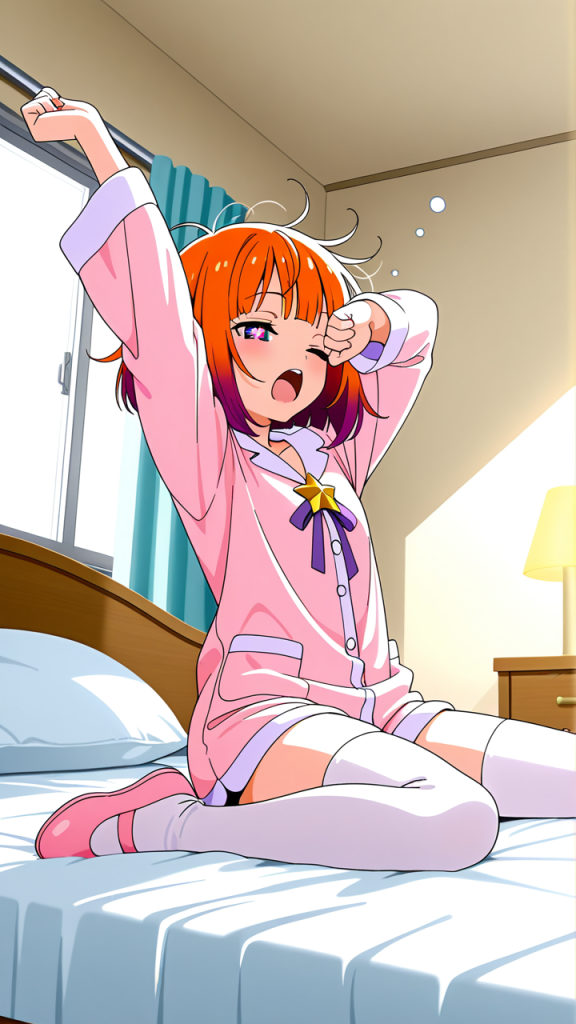 オレンジ外ハネボブロリ体型 寝起き・パジャマ_アニメエロ画像 AI エロ画像